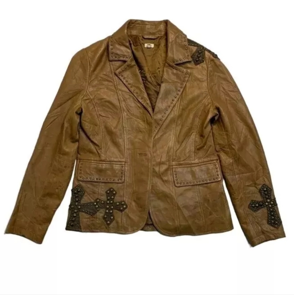 Reba (McEntire) Womens Soft Leather Jacket Cognac Embellished Cross Studded